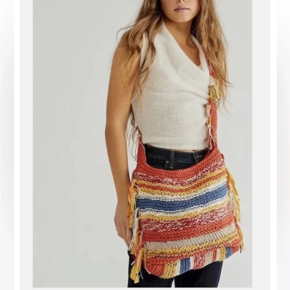 FREE PEOPLE Northbound Hobo Crochet Bag Cotton Stripe Multicolor Crossbody - Picture 2 of 16